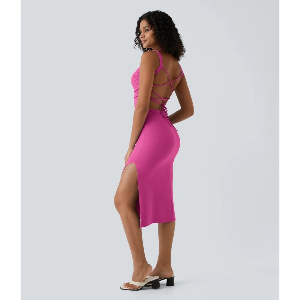 Halara NWT Backless Pink Midi Dress With Adjustable Straps & Ruched Details Size